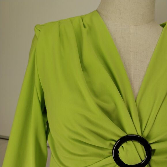 Julie Mitchell Lime Green Gathered V Neck Blouse Size L - Picture 3 of 8